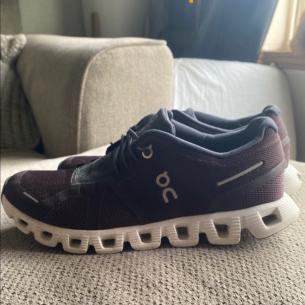 On Running Purple and White Athletic Shoes with Cushioned Sole